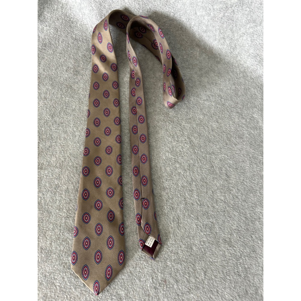 Envoy Mens Silk Tie Medallion Geometric‎ Tan Red Blue Made in USA Necktie